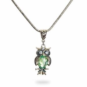 Whimsical Silver Owl Pendant Necklace with Green Crystal